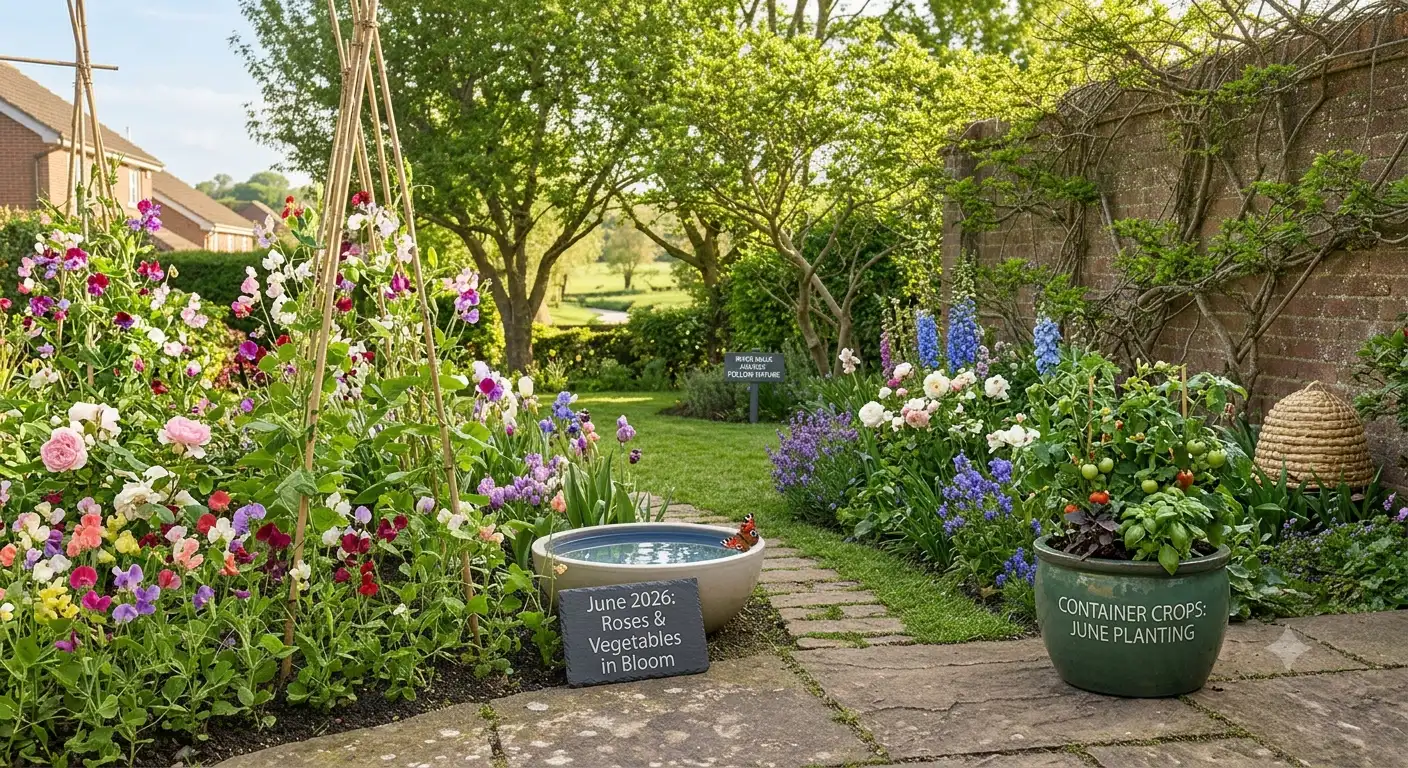 A lush June garden in Cherrybrook with climbing sweet peas, fully blooming pink roses, blue delphiniums, a vibrant tomato and basil container pot, and a traditional straw bee skive near the wall.