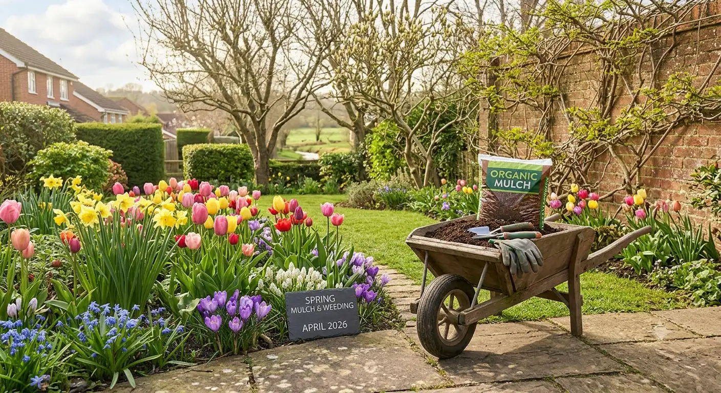 A beautiful, sunlit April garden in Cherrybrook filled with fully opened tulips, vibrant daffodils, fresh green hedges, and a wooden wheelbarrow filled with rich compost and gardening tools.