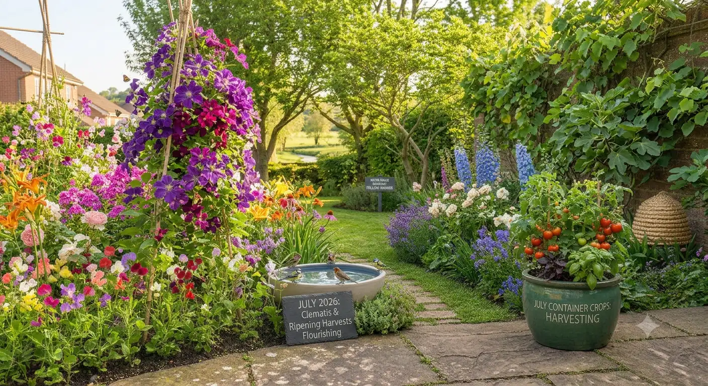 A sun-drenched July garden in Cherrybrook showcasing climbing purple clematis, rich rows of blooming lavender, a premium wooden bird table with active songbirds, and large terracotta planters packed with ripening summer tomatoes and strawberries.